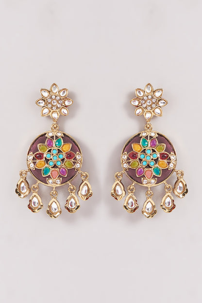 Gold Finish Multi-Colored Kundan Polki & Stone Dangler Earrings