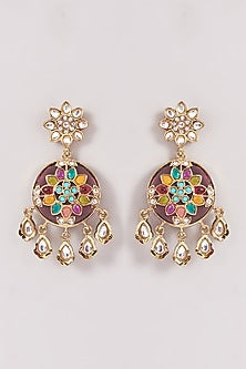 Gold Finish Multi-Colored Kundan Polki & Stone Dangler Earrings