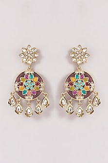Gold Finish Multi-Colored Kundan Polki & Stone Dangler Earrings
