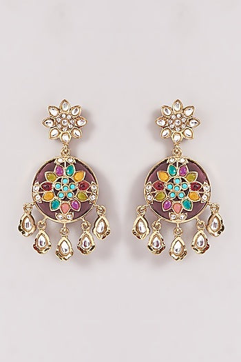 Gold Finish Multi-Colored Kundan Polki & Stone Dangler Earrings