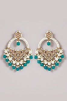 Gold Finish Green Kundan Polki & Pearl Chandbali Earrings