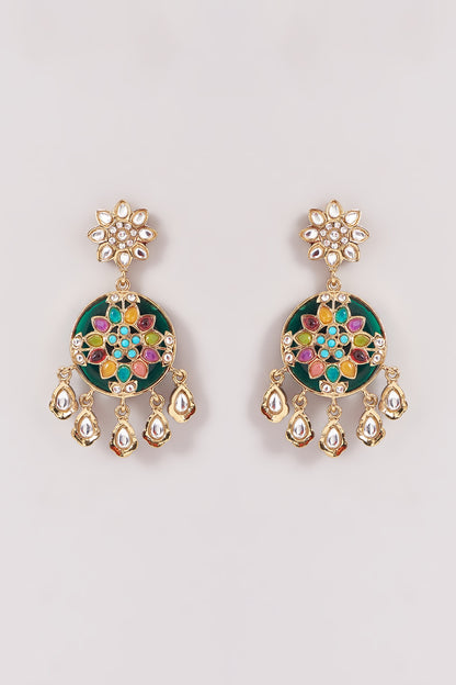 Gold Finish Green Kundan Polki & Stone Dangler Earrings