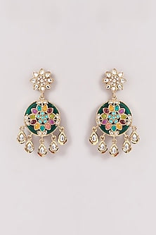 Gold Finish Green Kundan Polki & Stone Dangler Earrings