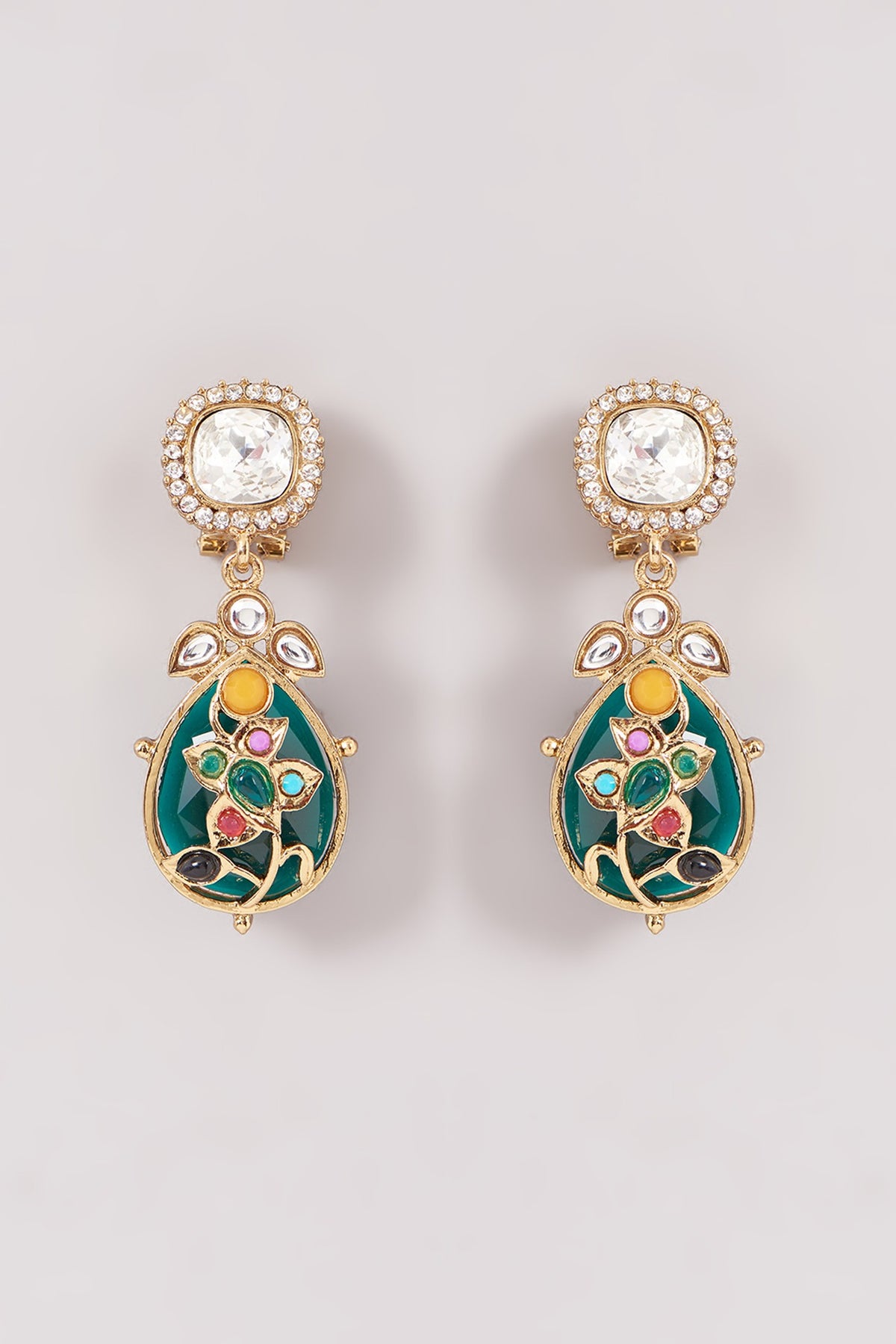 Gold Finish Green Kundan Polki & Stone Dangler Earrings