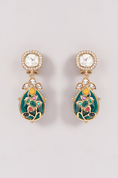 Gold Finish Green Kundan Polki & Stone Dangler Earrings