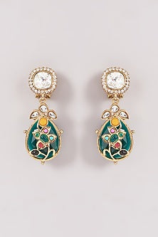 Gold Finish Green Kundan Polki & Stone Dangler Earrings