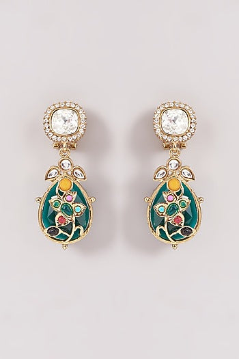 Gold Finish Green Kundan Polki & Stone Dangler Earrings