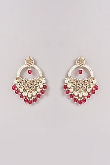 Gold Finish Pink Kundan Polki & Pearl Chandbali Earrings