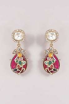 Gold Finish Multi-Colored Kundan Polki & Stone Dangler Earrings