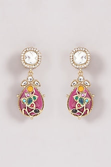 Gold Finish Multi-Colored Kundan Polki & Stone Dangler Earrings