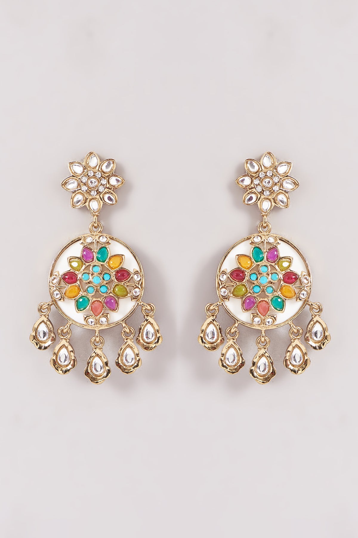 Gold Finish White Kundan Polki & Stone Dangler Earrings