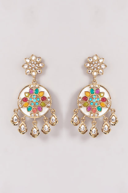 Gold Finish White Kundan Polki & Stone Dangler Earrings