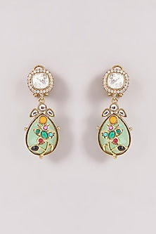 Gold Finish Multi-Colored Kundan Polki & Stone Dangler Earrings