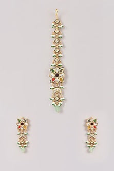 Gold Finish Multi-Colored Kundan Polki & Stone Dangler Earrings With Maangtikka