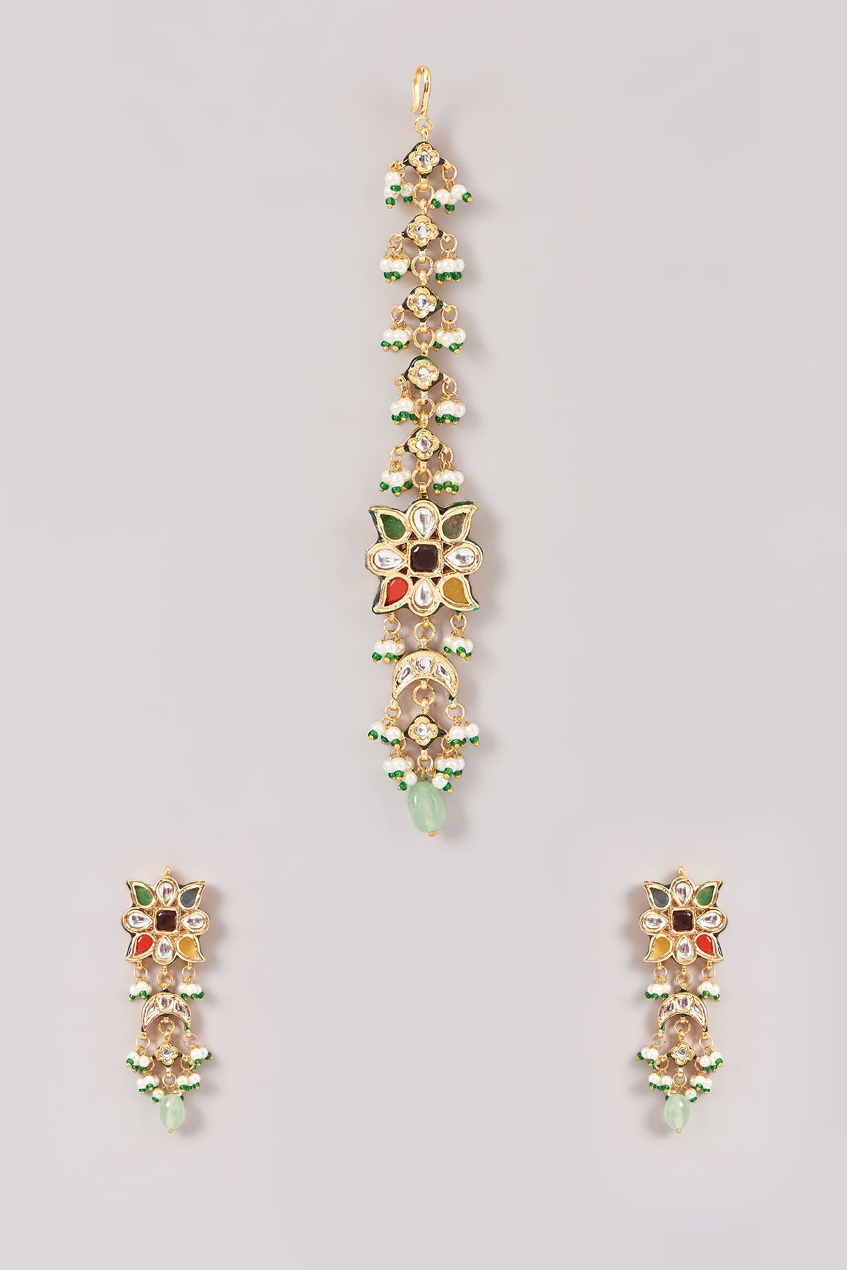 Gold Finish Multi-Colored Kundan Polki & Stone Dangler Earrings With Maangtikka