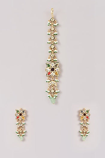 Gold Finish Multi-Colored Kundan Polki & Stone Dangler Earrings With Maangtikka