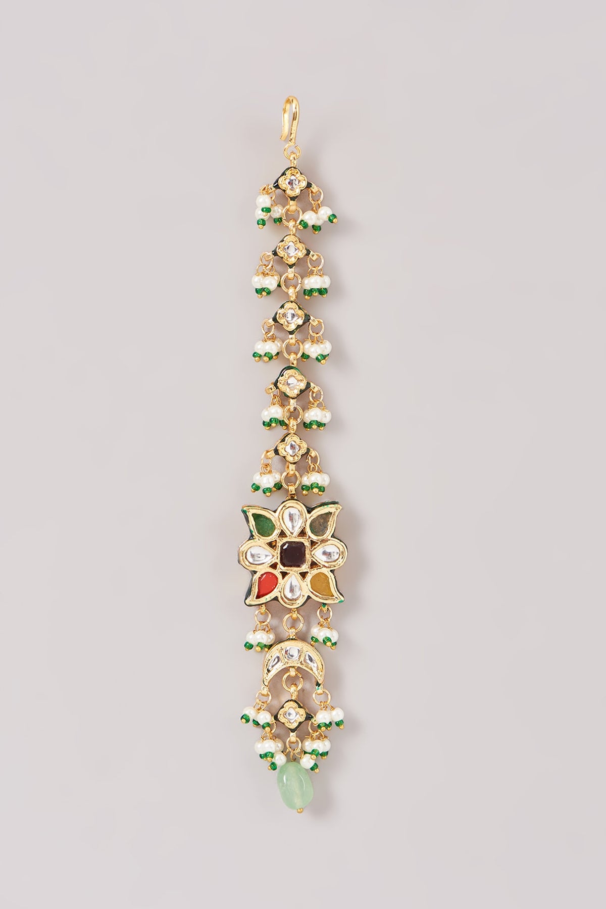 Gold Finish Multi-Colored Kundan Polki & Stone Dangler Earrings With Maangtikka