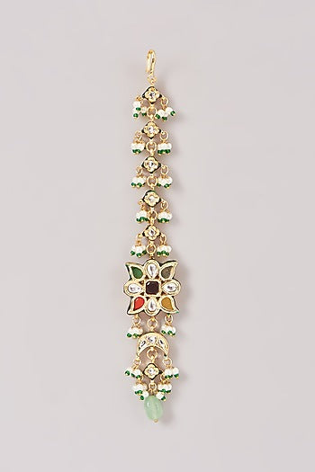 Gold Finish Multi-Colored Kundan Polki & Stone Dangler Earrings With Maangtikka