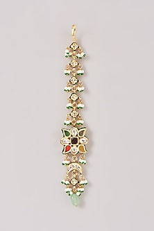 Gold Finish Multi-Colored Kundan Polki & Stone Dangler Earrings With Maangtikka