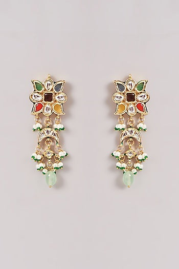 Gold Finish Multi-Colored Kundan Polki & Stone Dangler Earrings With Maangtikka