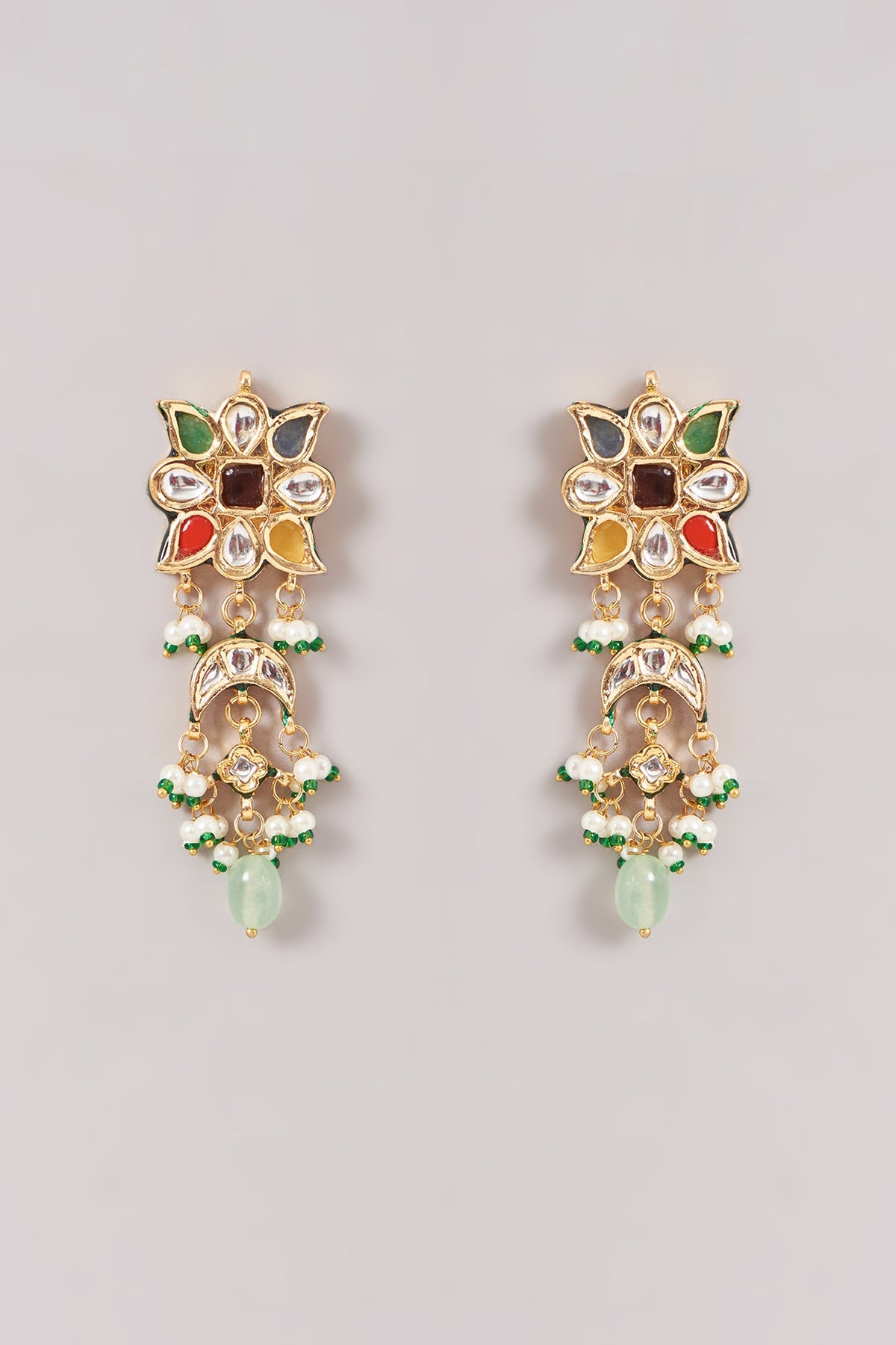 Gold Finish Multi-Colored Kundan Polki & Stone Dangler Earrings With Maangtikka