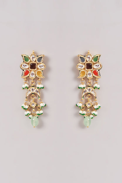 Gold Finish Multi-Colored Kundan Polki & Stone Dangler Earrings With Maangtikka