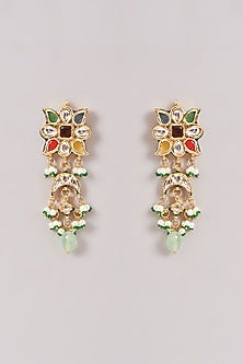 Gold Finish Multi-Colored Kundan Polki & Stone Dangler Earrings With Maangtikka