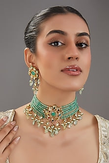 Gold Finish Navratna Stone & Kundan Polki Choker Necklace Set