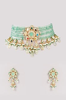 Gold Finish Navratna Stone & Kundan Polki Choker Necklace Set