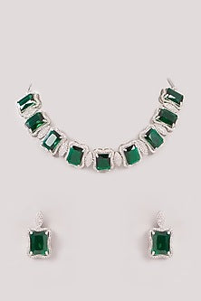 White Finish Green Zircon Choker Necklace Set