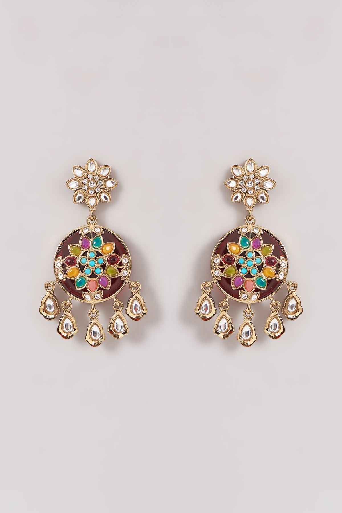 Gold Finish Multi-Colored Kundan Polki & Stone Dangler Earrings