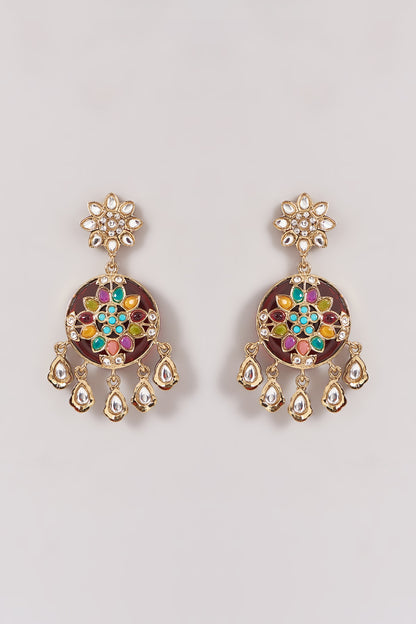 Gold Finish Multi-Colored Kundan Polki & Stone Dangler Earrings