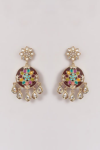 Gold Finish Multi-Colored Kundan Polki & Stone Dangler Earrings