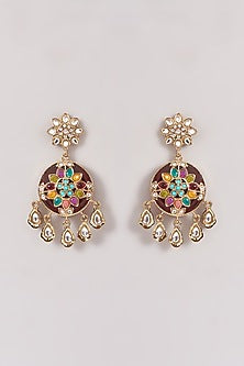 Gold Finish Multi-Colored Kundan Polki & Stone Dangler Earrings