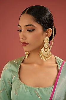 Gold Finish Jadau Kundan Polki & Pearl Chandbali Earrings