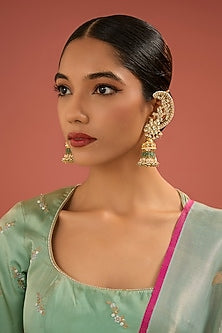 Gold Finish Jadau Pachi Kundan Polki & Pearl Dangler Earrings