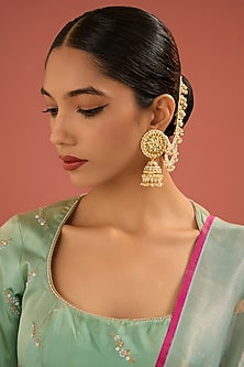 Gold Finish Jadau Pachi Kundan Polki & Pearl Dangler Earrings