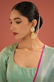 Gold Finish Jadau Pachi Kundan Polki & Pearl Dangler Earrings