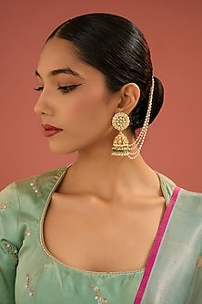 Gold Finish Jadau Pachi Kundan Polki & Pearl Dangler Earrings