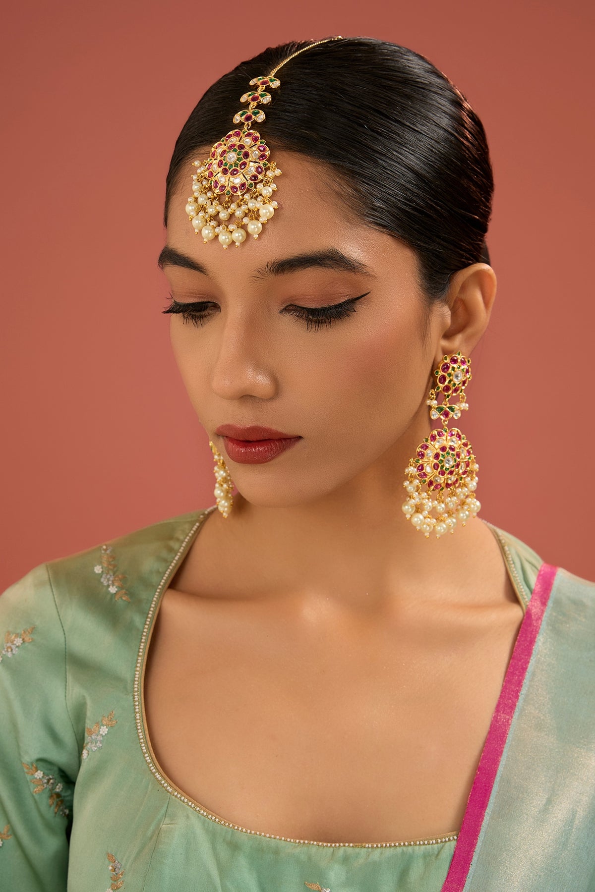 Gold Finish Jadau Kundan Polki & Pearl Dangler Earrings With Maangtikka