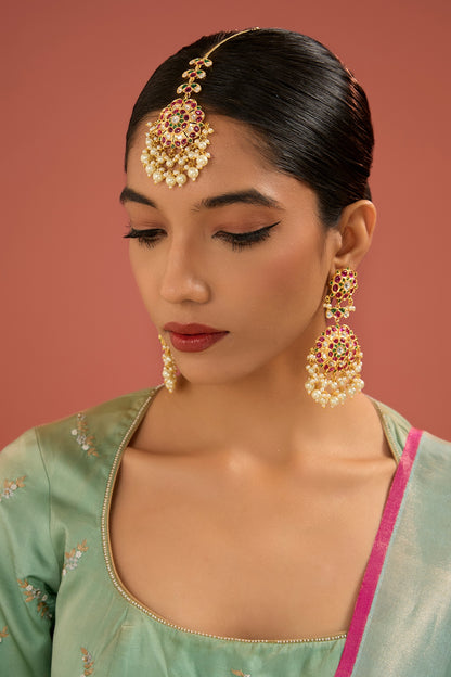 Gold Finish Jadau Kundan Polki & Pearl Dangler Earrings With Maangtikka