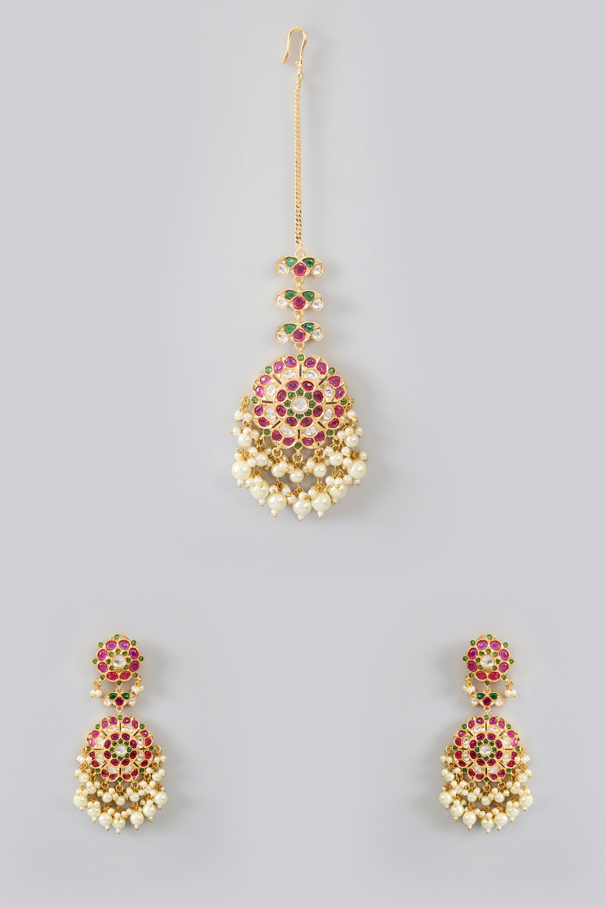 Gold Finish Jadau Kundan Polki & Pearl Dangler Earrings With Maangtikka