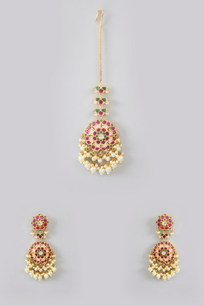 Gold Finish Jadau Kundan Polki & Pearl Dangler Earrings With Maangtikka