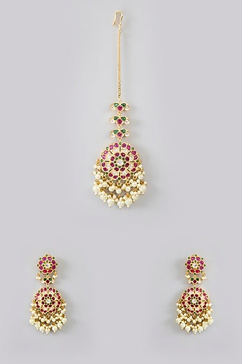 Gold Finish Jadau Kundan Polki & Pearl Dangler Earrings With Maangtikka