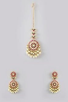 Gold Finish Jadau Kundan Polki & Pearl Dangler Earrings With Maangtikka
