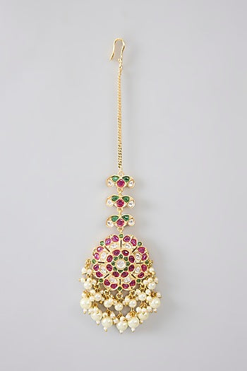 Gold Finish Jadau Kundan Polki & Pearl Dangler Earrings With Maangtikka
