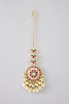 Gold Finish Jadau Kundan Polki & Pearl Dangler Earrings With Maangtikka