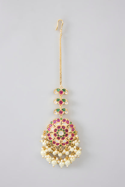Gold Finish Jadau Kundan Polki & Pearl Dangler Earrings With Maangtikka
