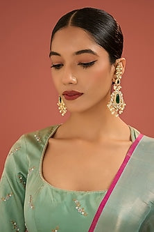 Gold Finish Jadau Kundan Polki & Pearl Dangler Earrings