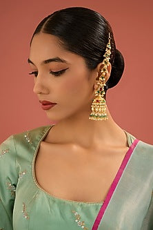 Gold Finish Jadau Pachi Kundan Polki & Pearl Dangler Earrings